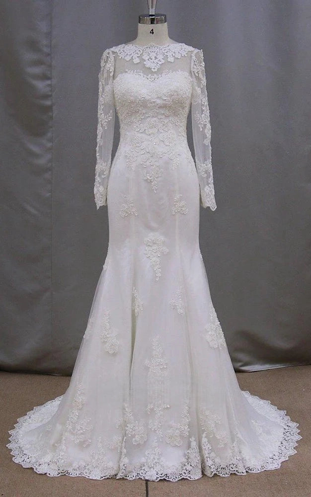 Modest Lace High Neck Beach Wedding Dress with Sleeves