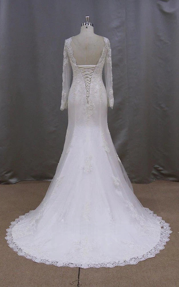 Modest Lace High Neck Beach Wedding Dress with Sleeves