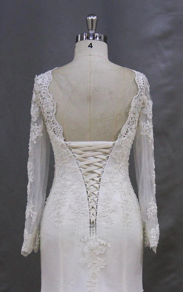 Modest Lace High Neck Beach Wedding Dress with Sleeves