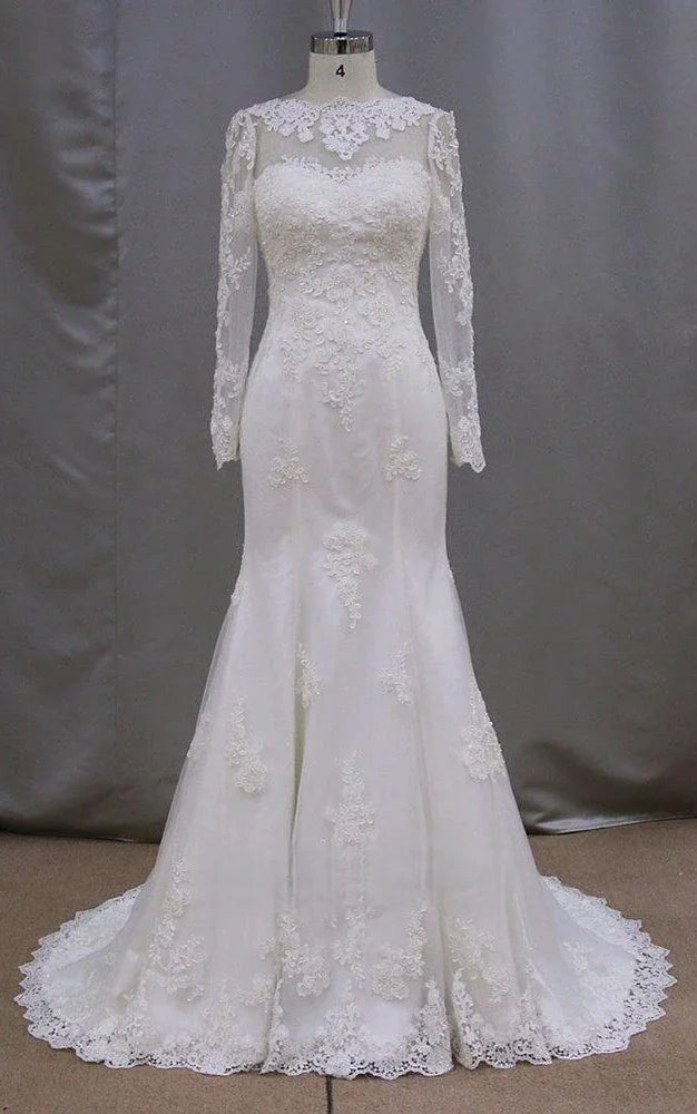 Modest Lace Wedding Dress Long Sleeve Mermaid Beach Bridal Dress