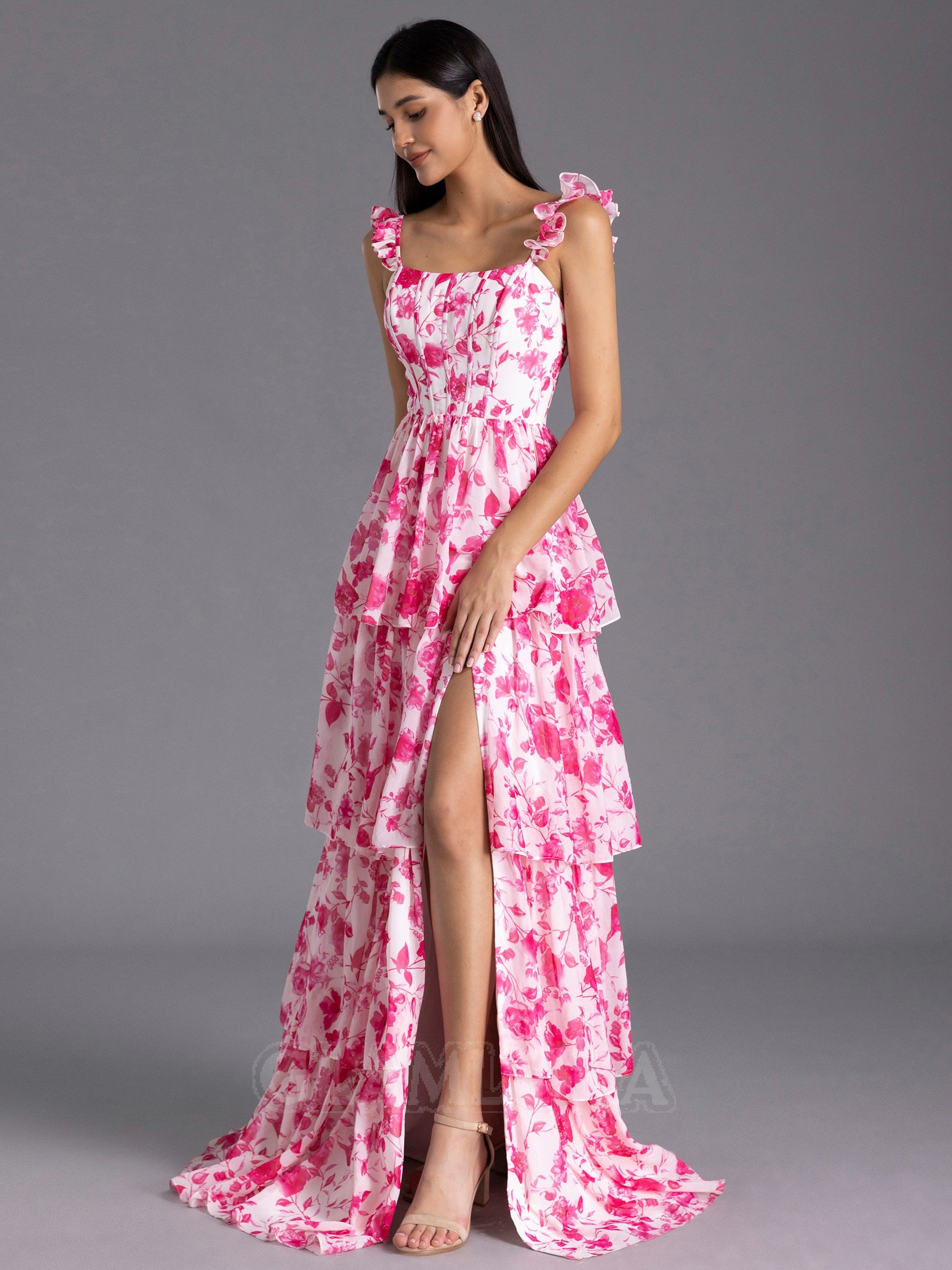 Modest Red Floral Printed Bridesmaid Dress A-line Ruffles Corset