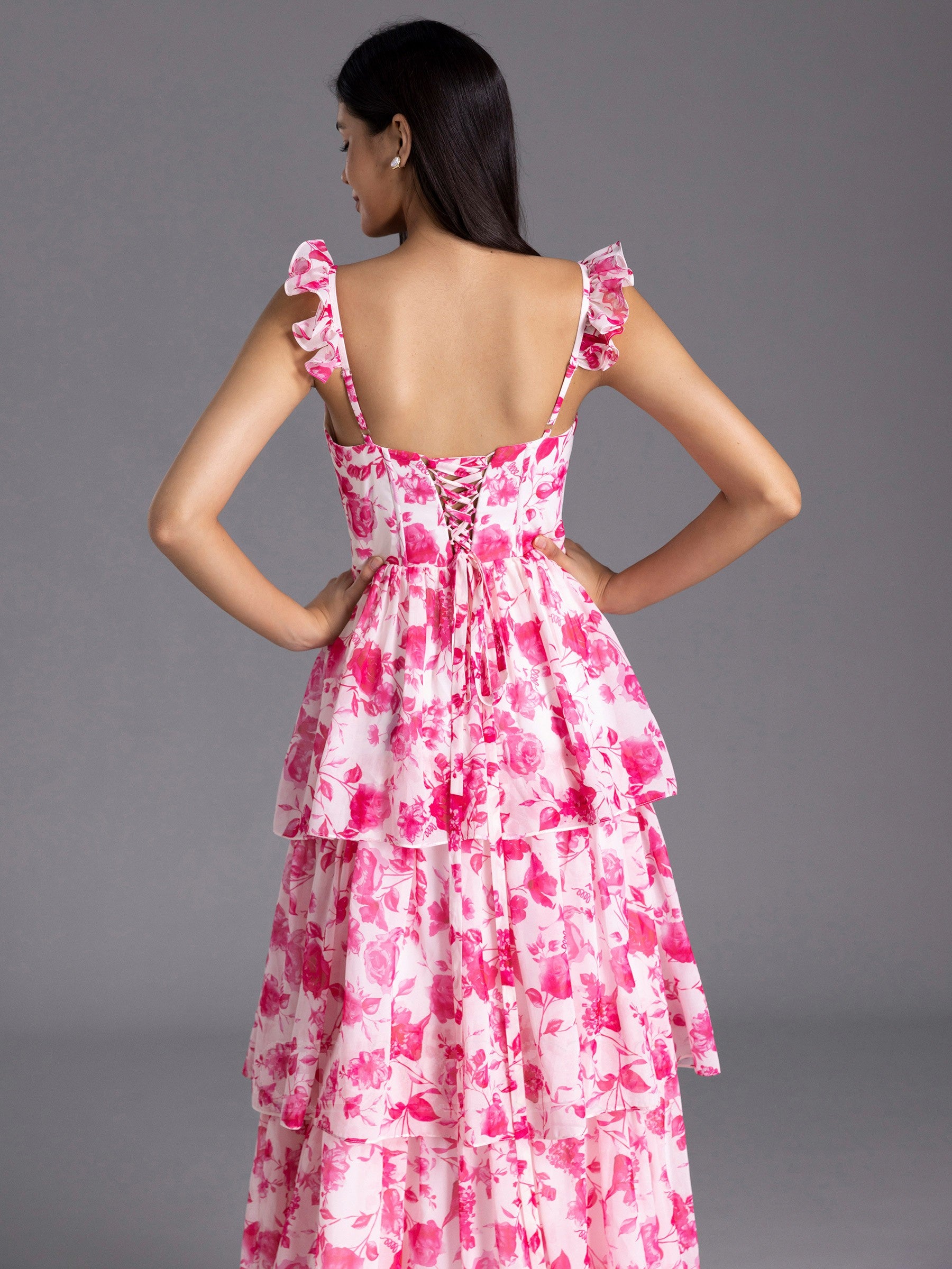 Modest Red Floral Printed Bridesmaid Dress A-line Ruffles Corset