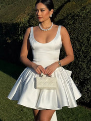 Mychic White Short Wedding Dress Mini Skirt Pleated with Bow