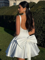 Mychic White Short Wedding Dress Mini Skirt Pleated with Bow