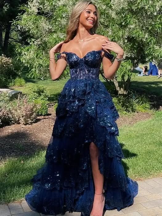 A Line Black Lace Prom Dresses Tiered Sequins Off the shoulder