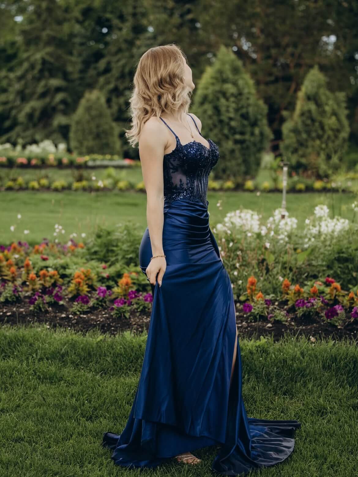 Mermaid Silver Prom Dresses Spaghetti Straps Appliqued With Split