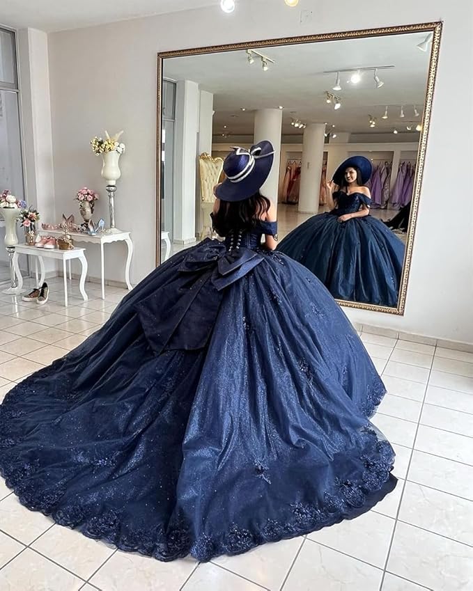 Navy Blue Puffy Sweet 16 Dress Beaded Quinceanera Dresses Off Shoulder