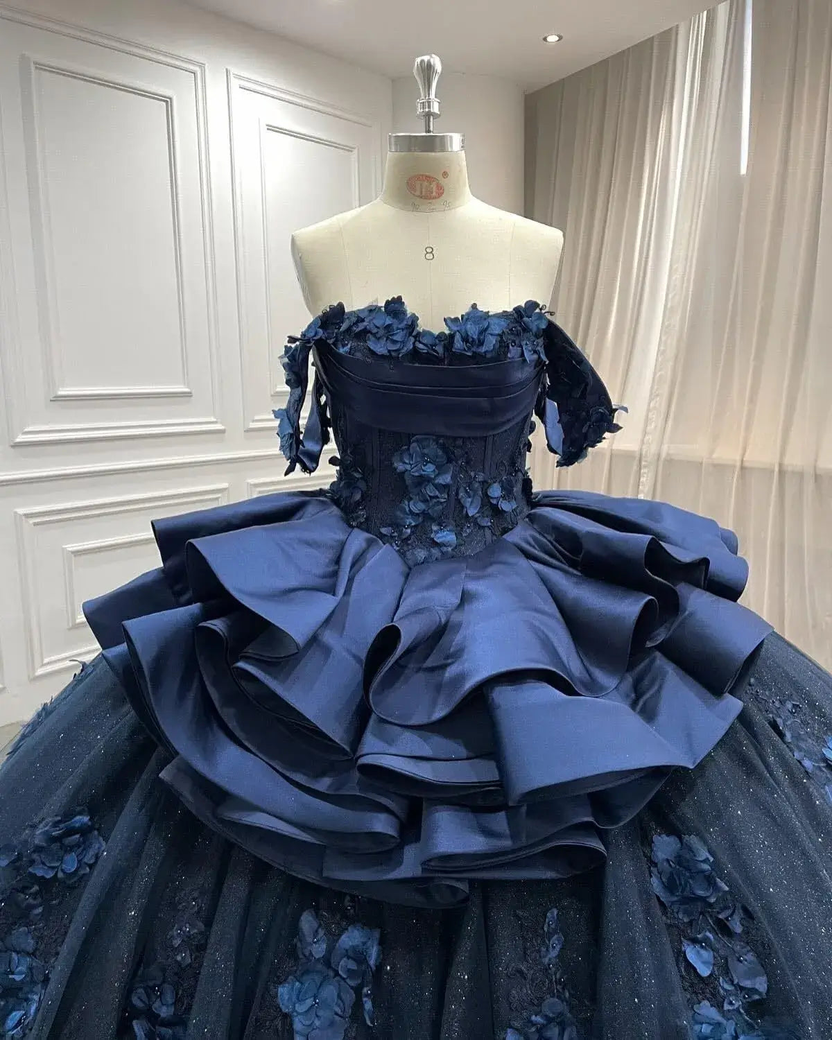 Navy Blue Sweet 15 Dress Tiered Floral Girls's XV Dresses for Quinceanera