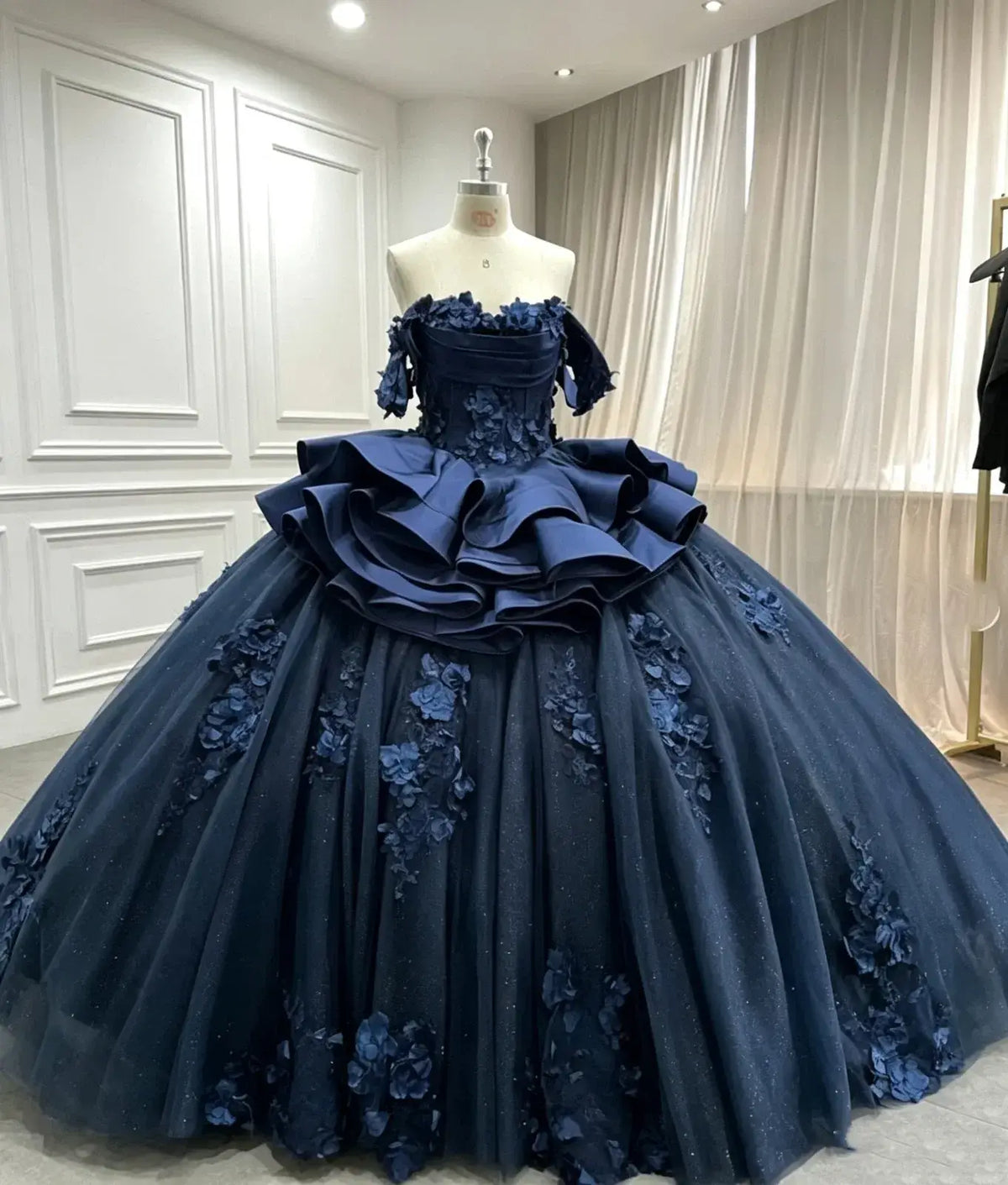 Navy Blue Sweet 15 Dress Tiered Floral Girls's XV Dresses for Quinceanera