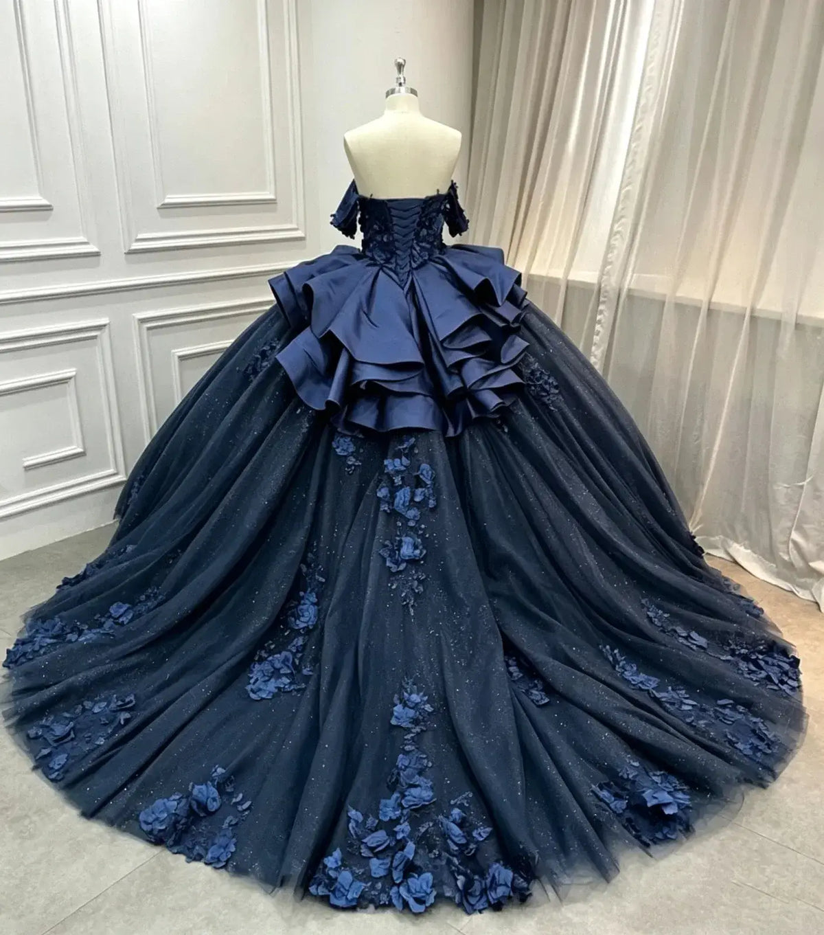 Navy Blue Sweet 15 Dress Tiered Floral Girls's XV Dresses for Quinceanera