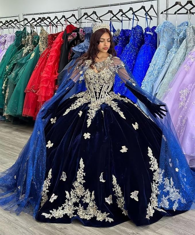 Navy Blue Velvet Quinceanera Dresses Gold Butterfly with Cape Mychicdress