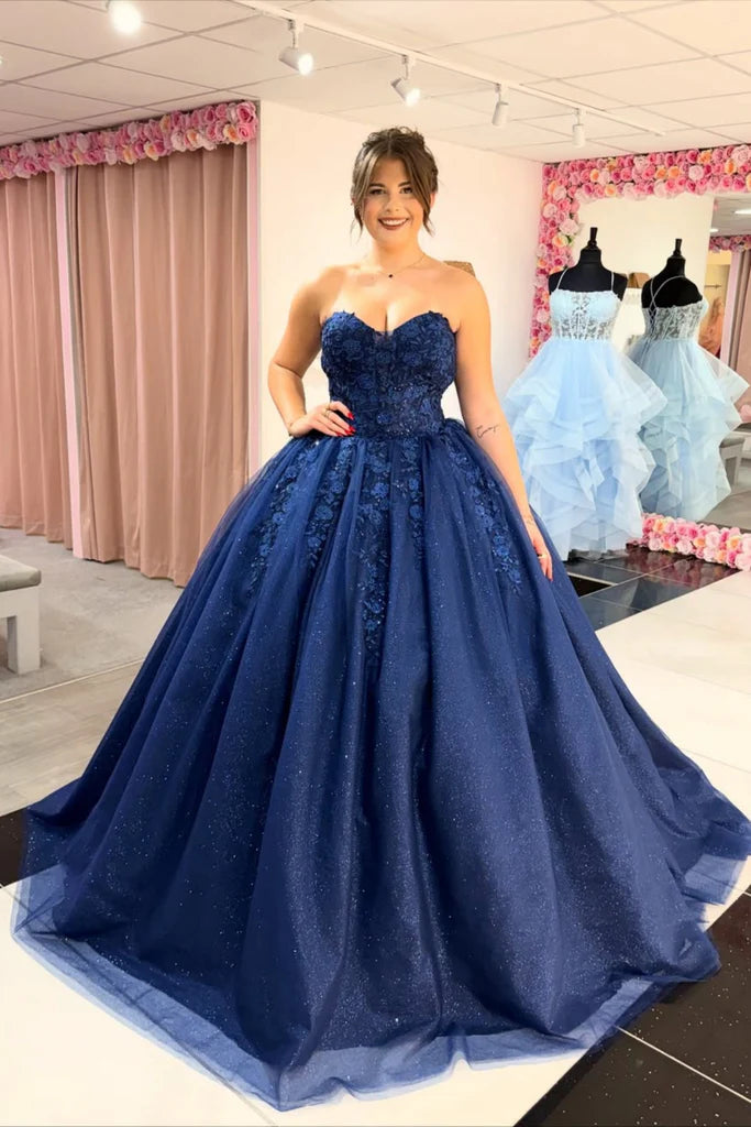 Navy Blue Wedding Gown Lace Strapless Quinceanera Dress Sleeveless