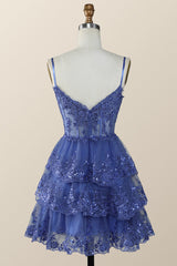 Hot Pink Short Prom Dress Straps Appliques Tiered Homecoming Dress Layered - MyChicDress