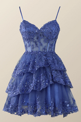 Hot Pink Short Prom Dress Straps Appliques Tiered Homecoming Dress Layered - MyChicDress