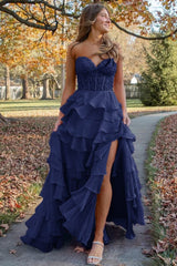 2025 Hot Pink Corset Long Prom Dresses Ruffle Sweetheart Lace Chiffon