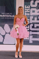 New A Line Lace Pink Homecoming Dresses with Ruffles Sweetheart