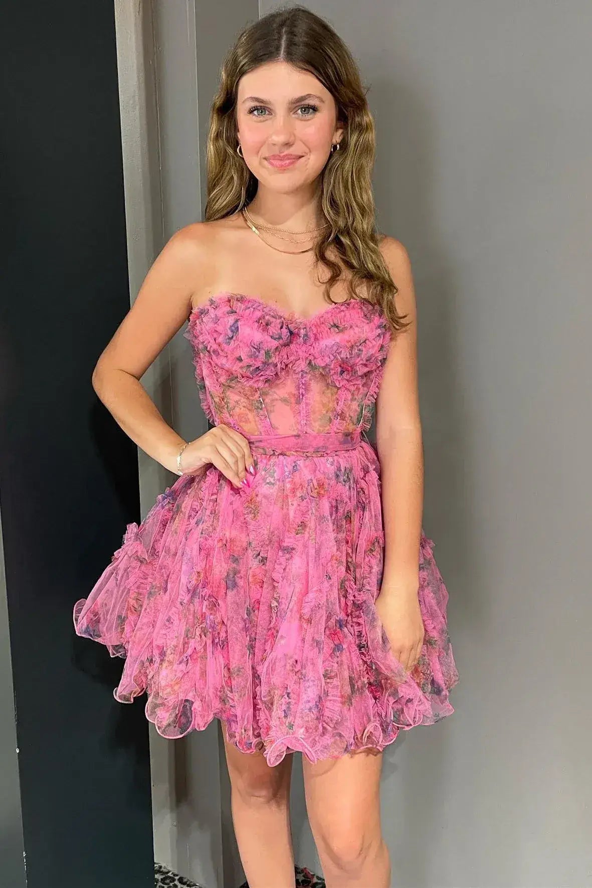 New A Line Lilac Floral Homecoming Dress with Tulle Bodice