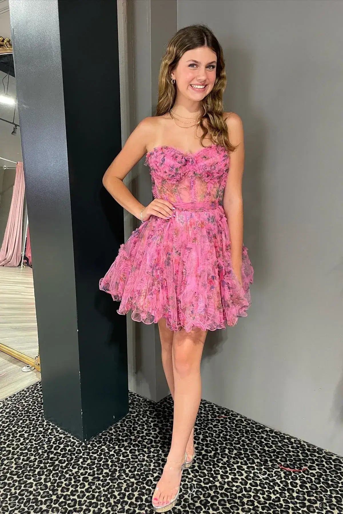 New A Line Lilac Floral Homecoming Dress with Tulle Bodice