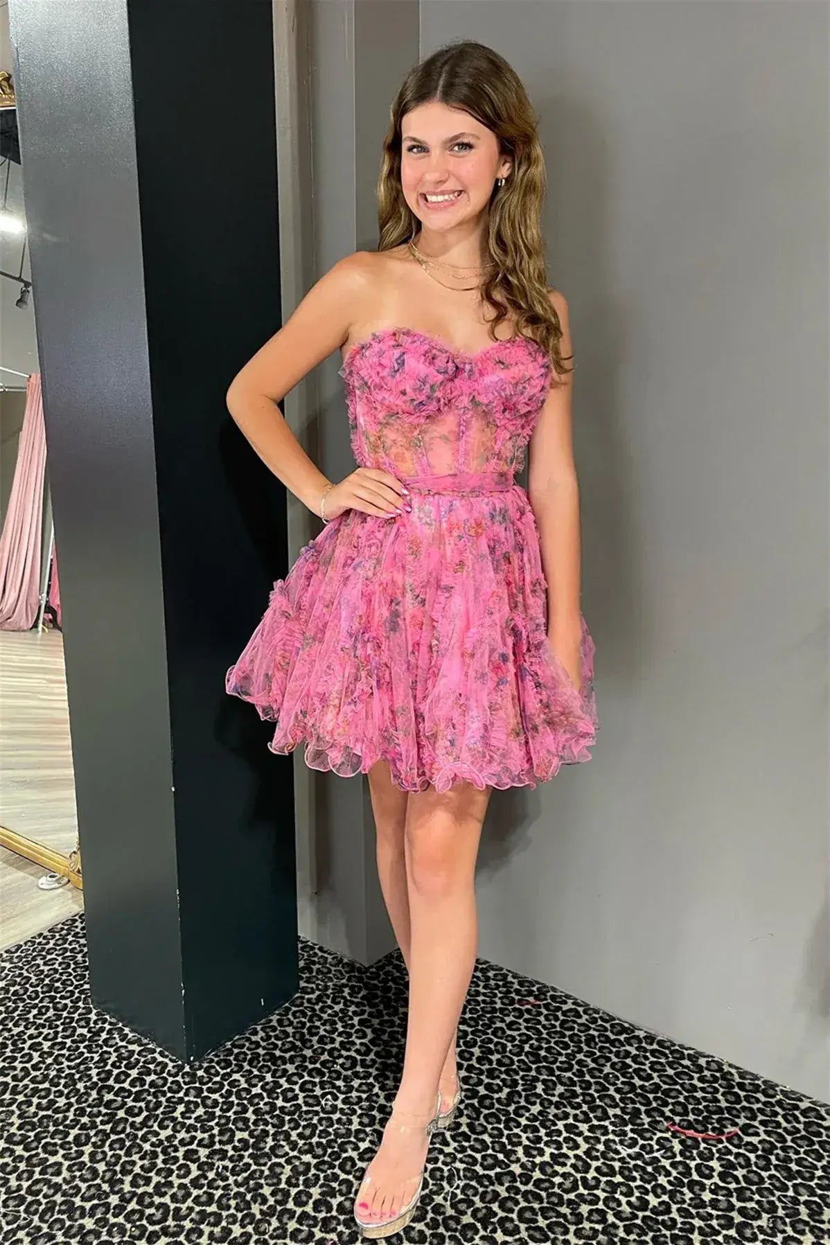 New A Line Lilac Floral Homecoming Dress with Tulle Bodice