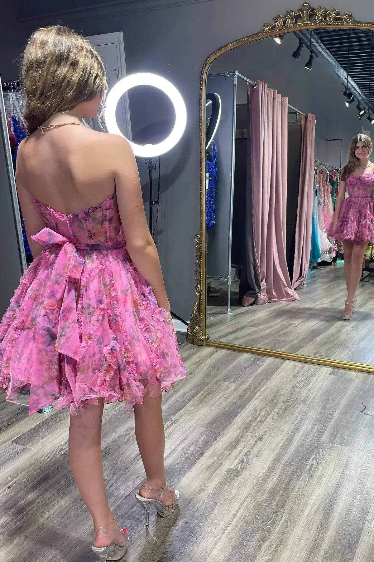 New A Line Lilac Floral Homecoming Dress with Tulle Bodice