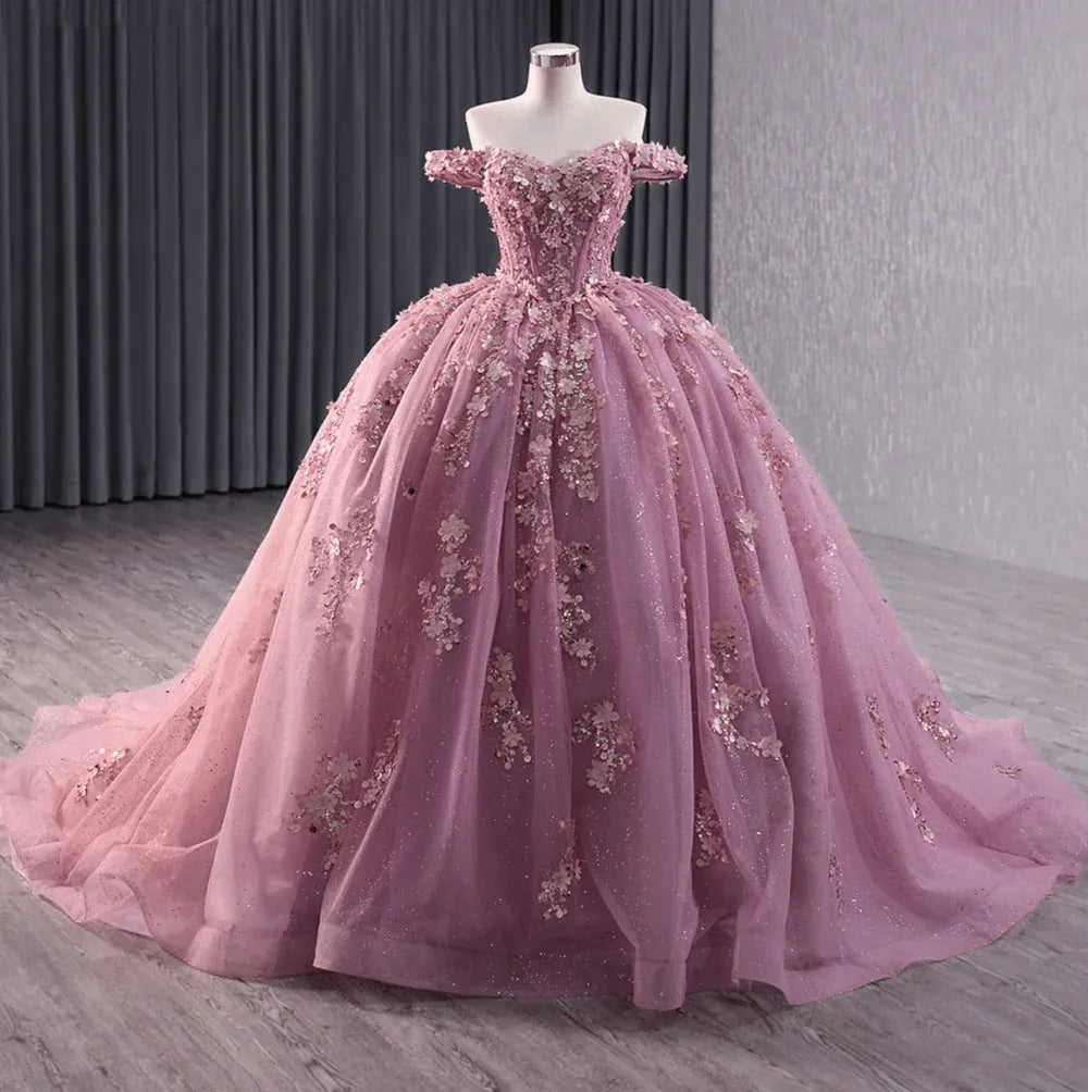 New Corset Floral Pink Quinceañera Dress Lace Beaded Sweetheart Ball Gown