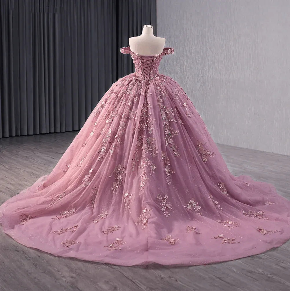 New Corset Floral Pink Quinceañera Dress Lace Beaded Sweetheart Ball Gown