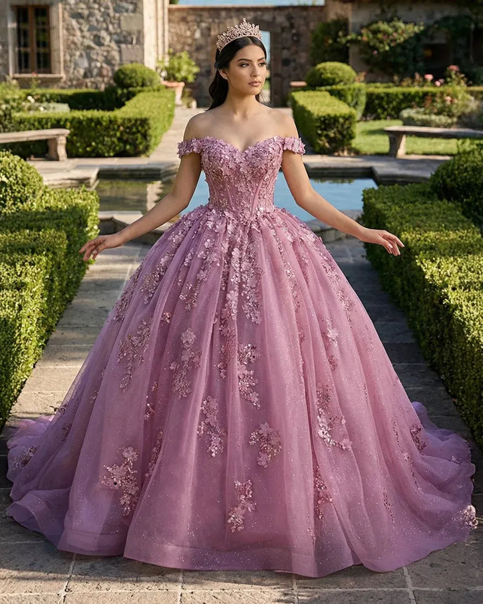 New Corset Floral Pink Quinceañera Dress Lace Beaded Sweetheart Ball Gown
