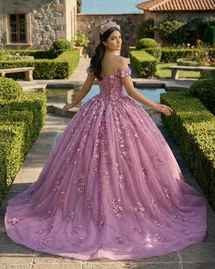 New Corset Floral Pink Quinceañera Dress Lace Beaded Sweetheart Ball Gown