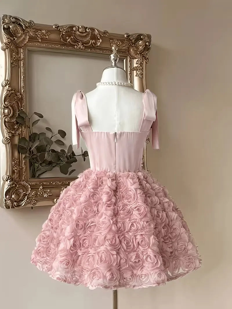 New Design A Line Pink Homecoming Dresses Flowers Bow Straps