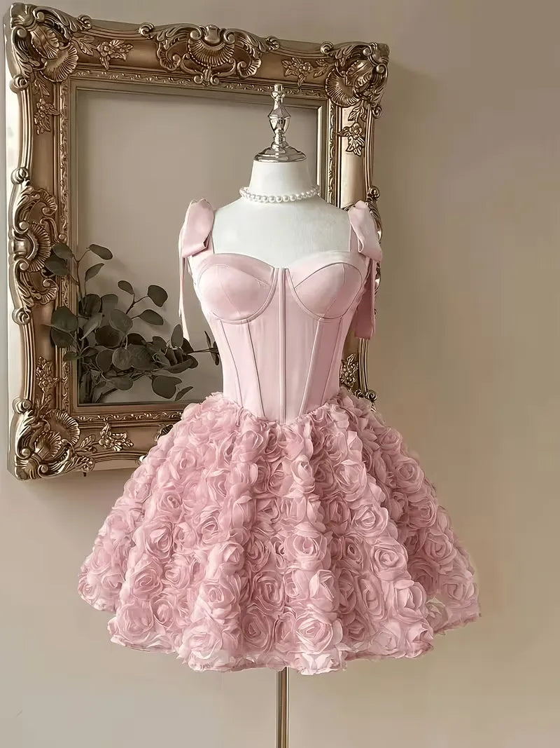 New Design A Line Pink Homecoming Dresses Flowers Bow Straps
