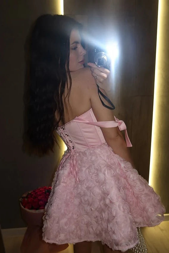 New Design A Line Pink Homecoming Dresses Flowers Bow Straps