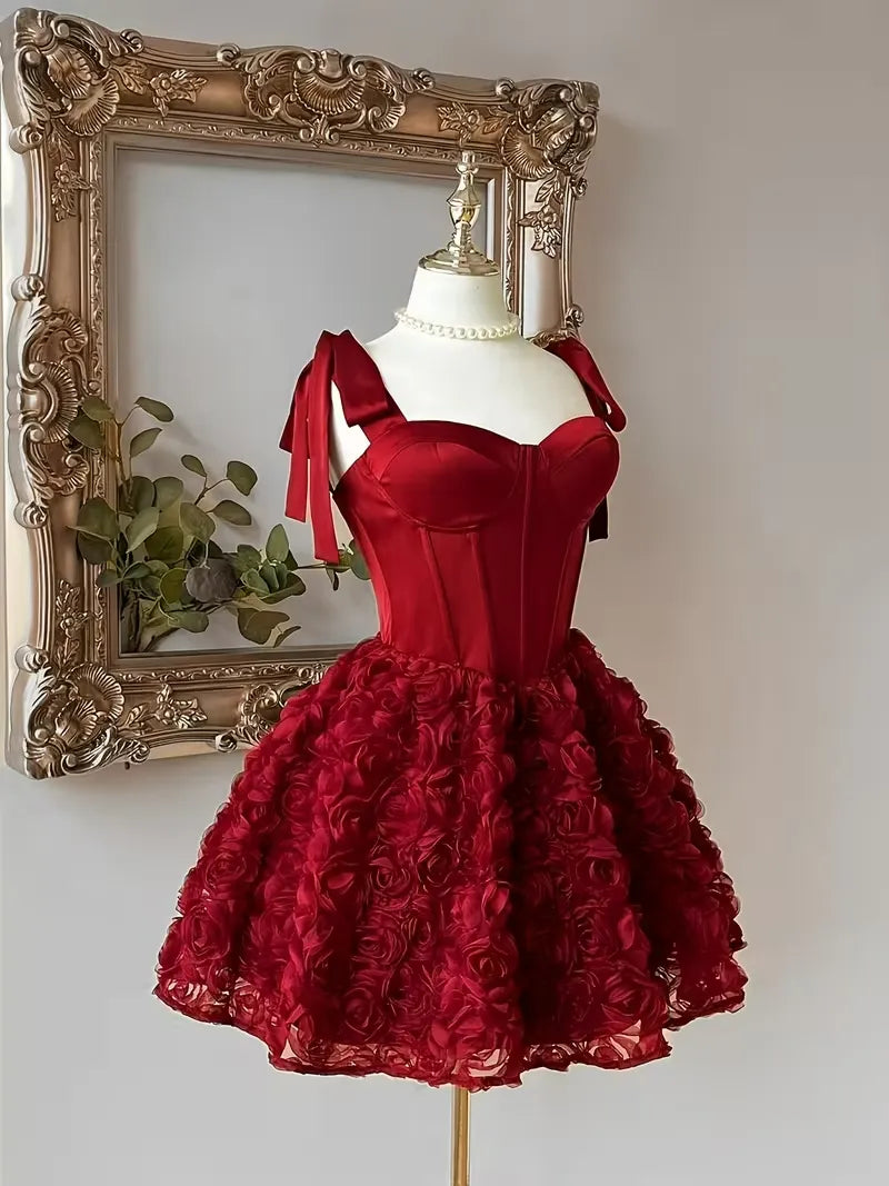 New Design A Line Pink Homecoming Dresses Flowers Bow Straps