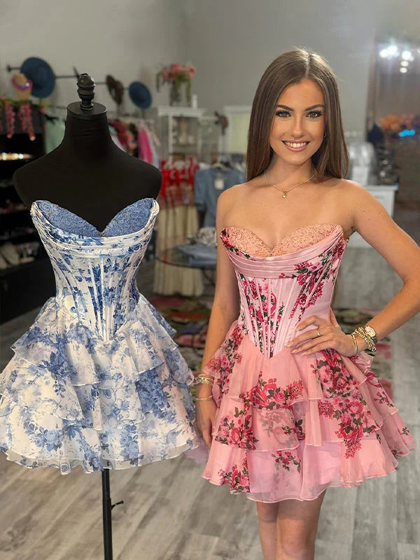 New Design Floral Print Corset Homecoming Dress Blue Short Ruffle A-line