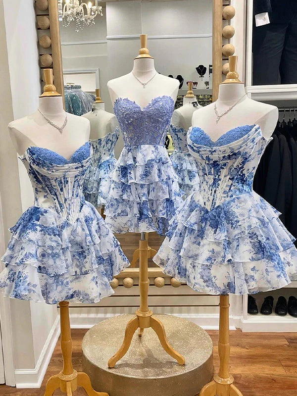 New Design Floral Print Corset Homecoming Dress Blue Short Ruffle A-line