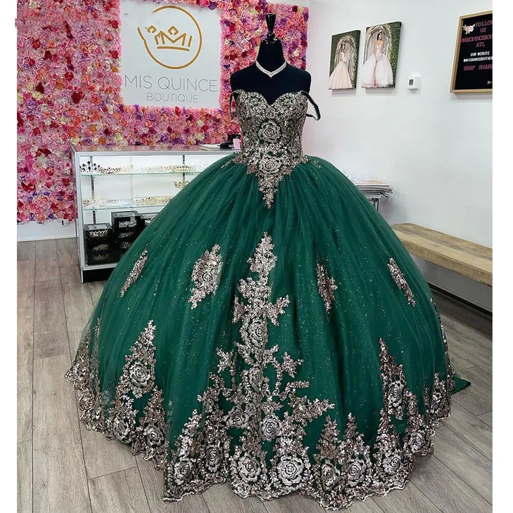New Emerald green Quince dress with Silver Lace Appliques Sweetheart