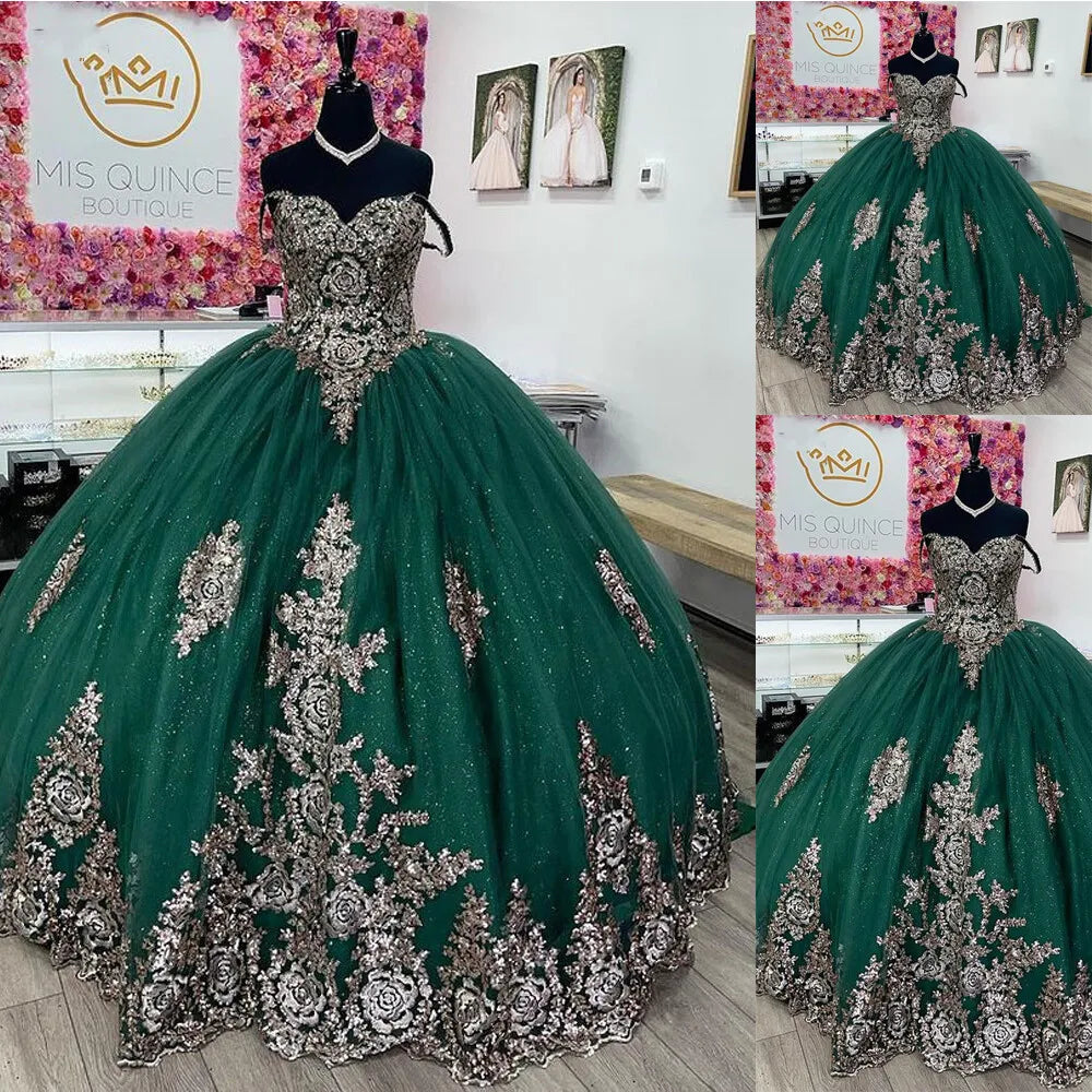 New Emerald green Quince dress with Silver Lace Appliques Sweetheart