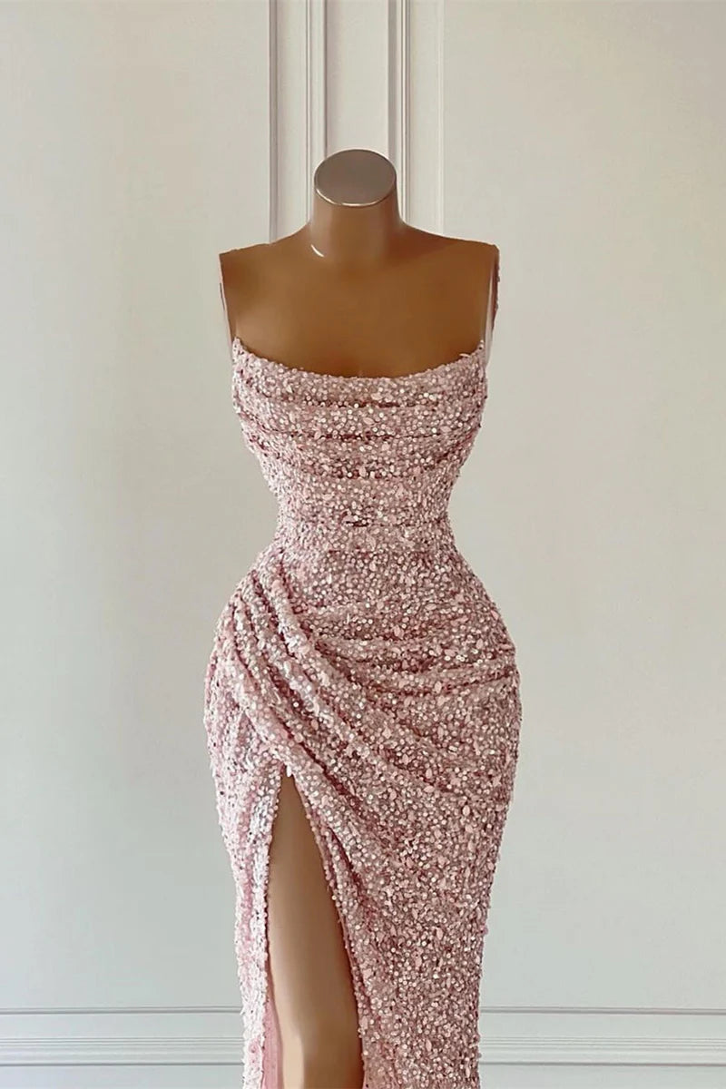 New Evening Gown Sequin Pink Prom Dresses Sleeveless With Split