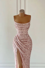 New Evening Gown Sequin Pink Prom Dresses Sleeveless With Split
