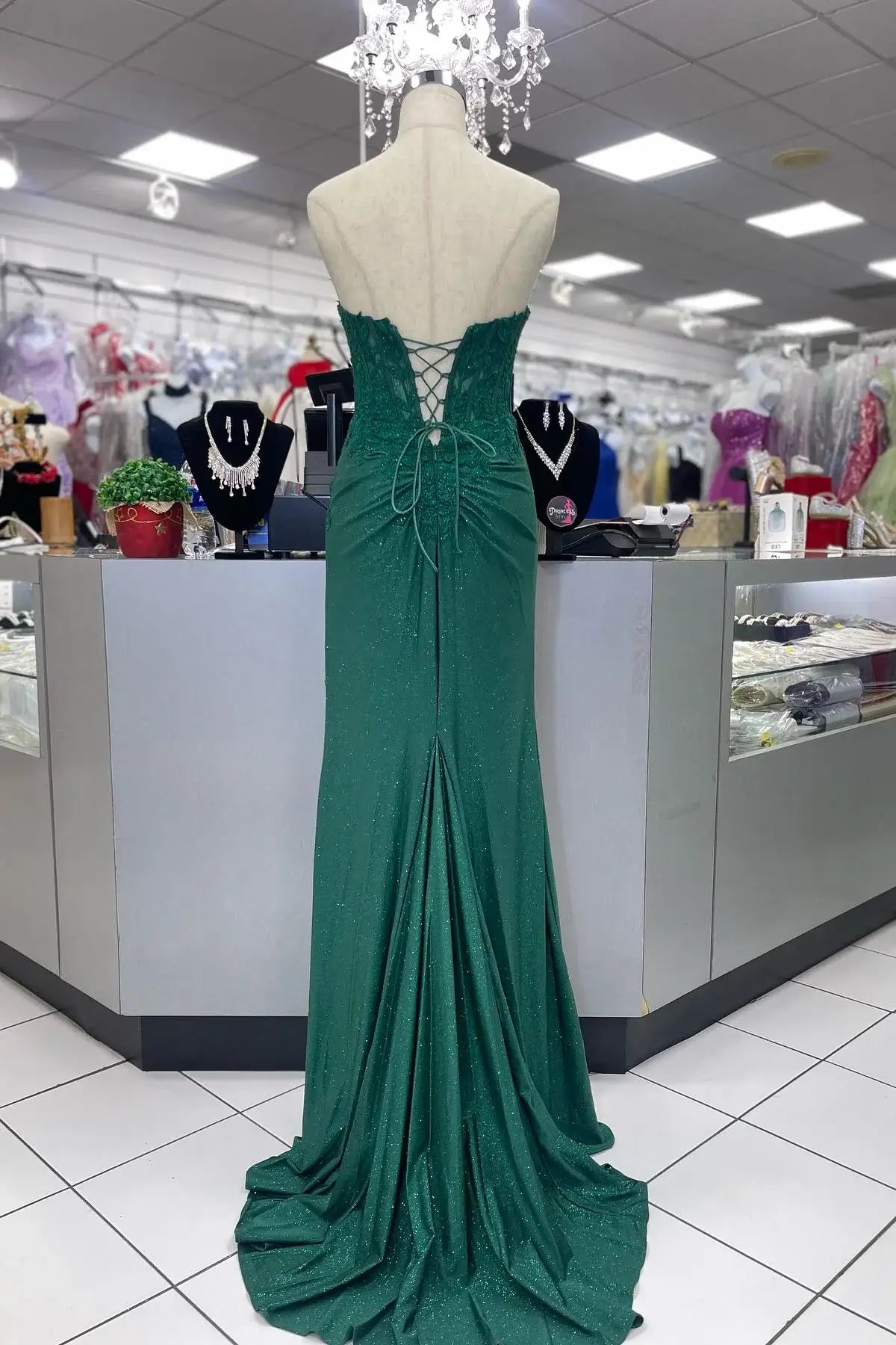 New Long Prom Dress Green Strapless Lace Sweetheart with Slit