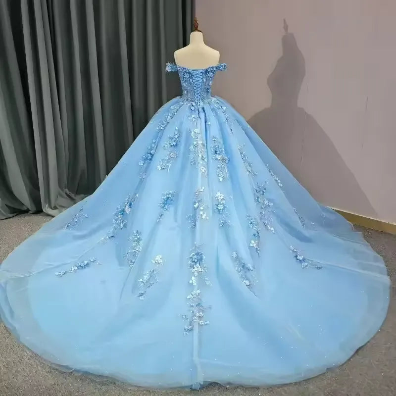 New Off-Shoulder Blue Flowers Quinceanera Dresses for Sweet 16 Party