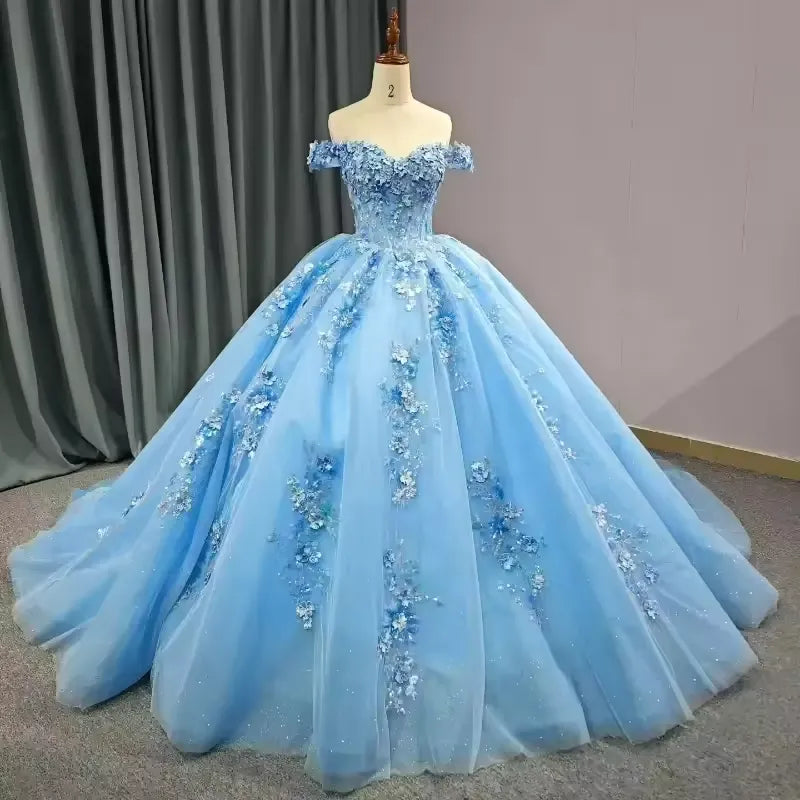 New Off-Shoulder Blue Flowers Quinceanera Dresses for Sweet 16 Party