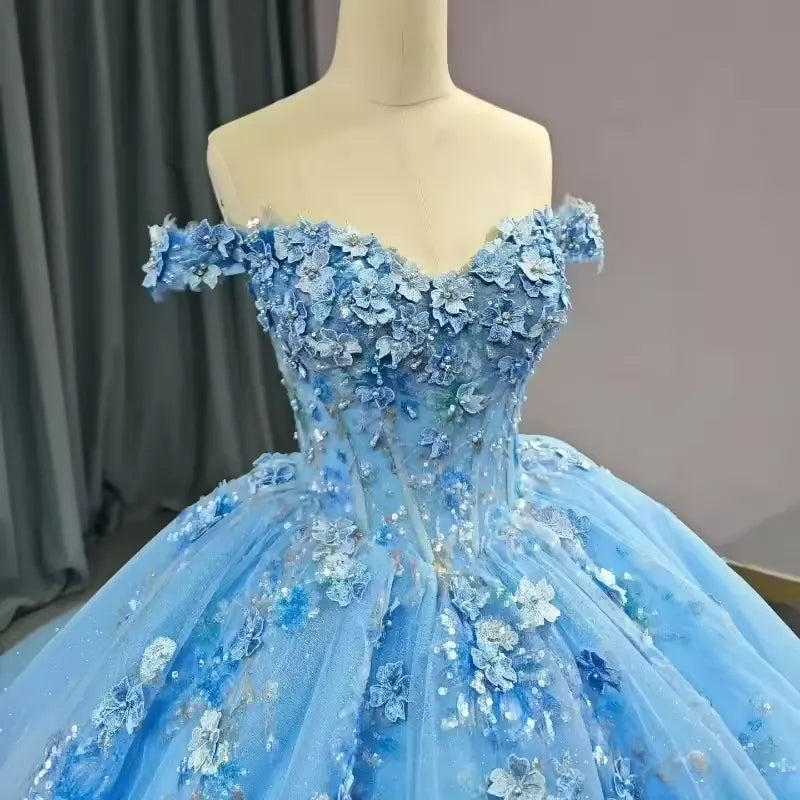 New Off-Shoulder Blue Flowers Quinceanera Dresses for Sweet 16 Party