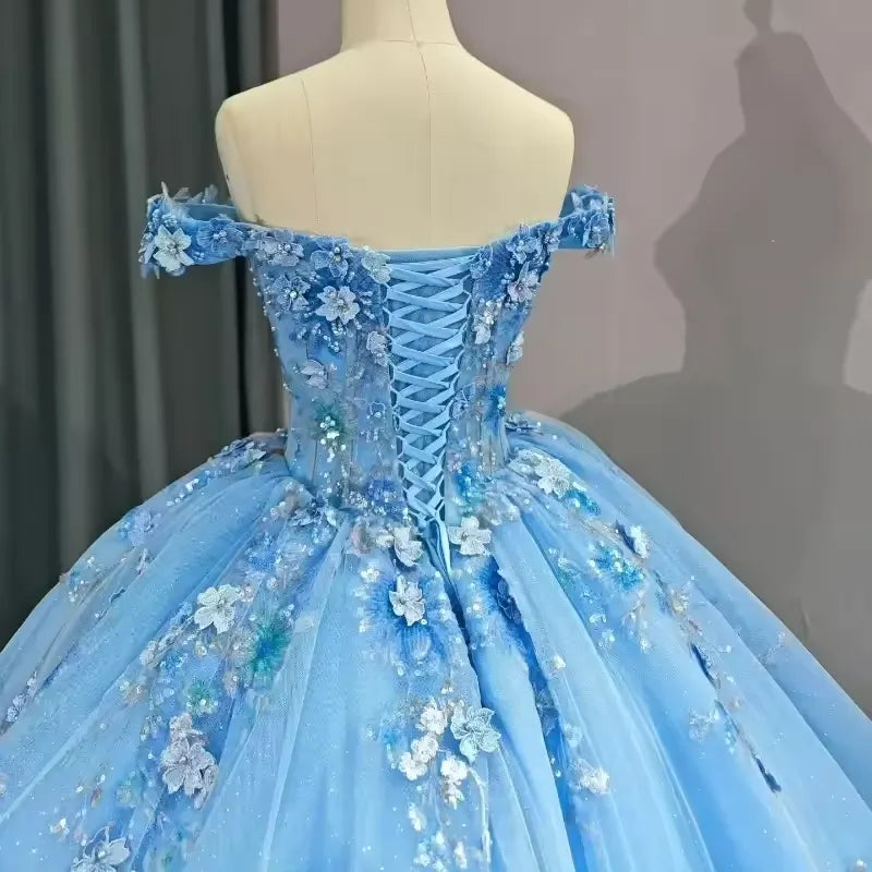 New Off-Shoulder Blue Flowers Quinceanera Dresses for Sweet 16 Party