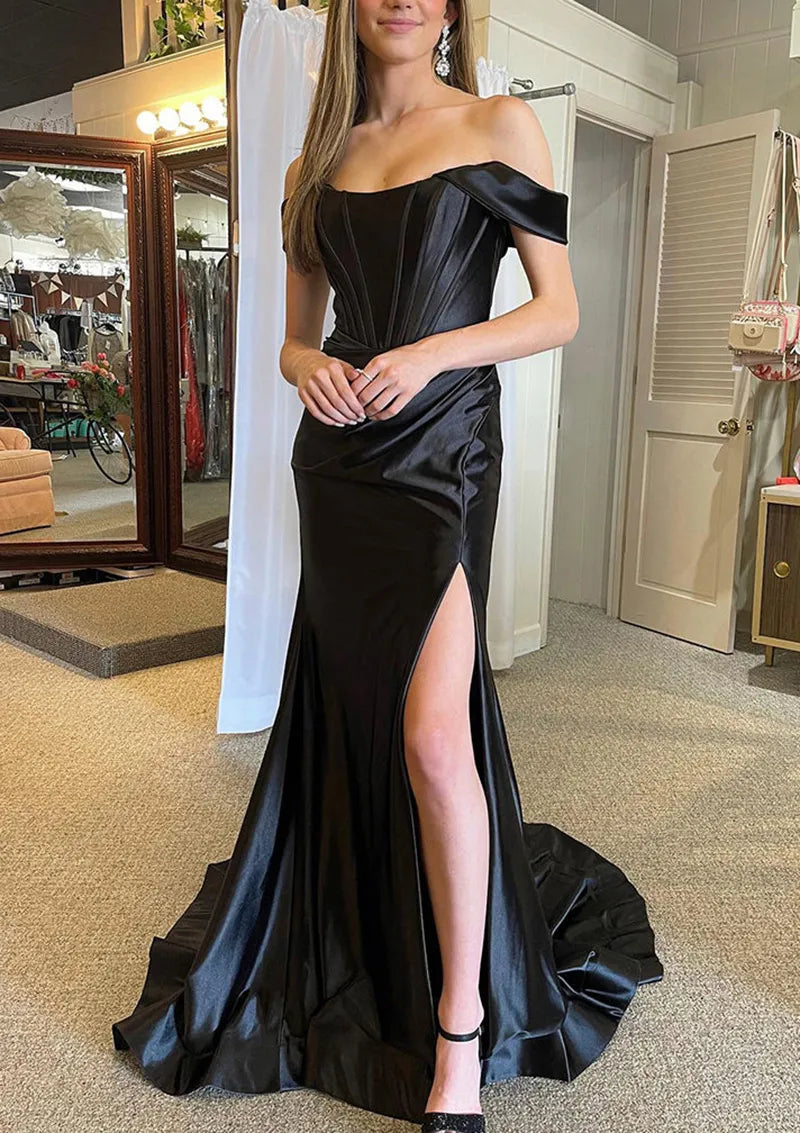 New Off-the-Shoulder Green Satin Evening Dress High Slit Corset Back