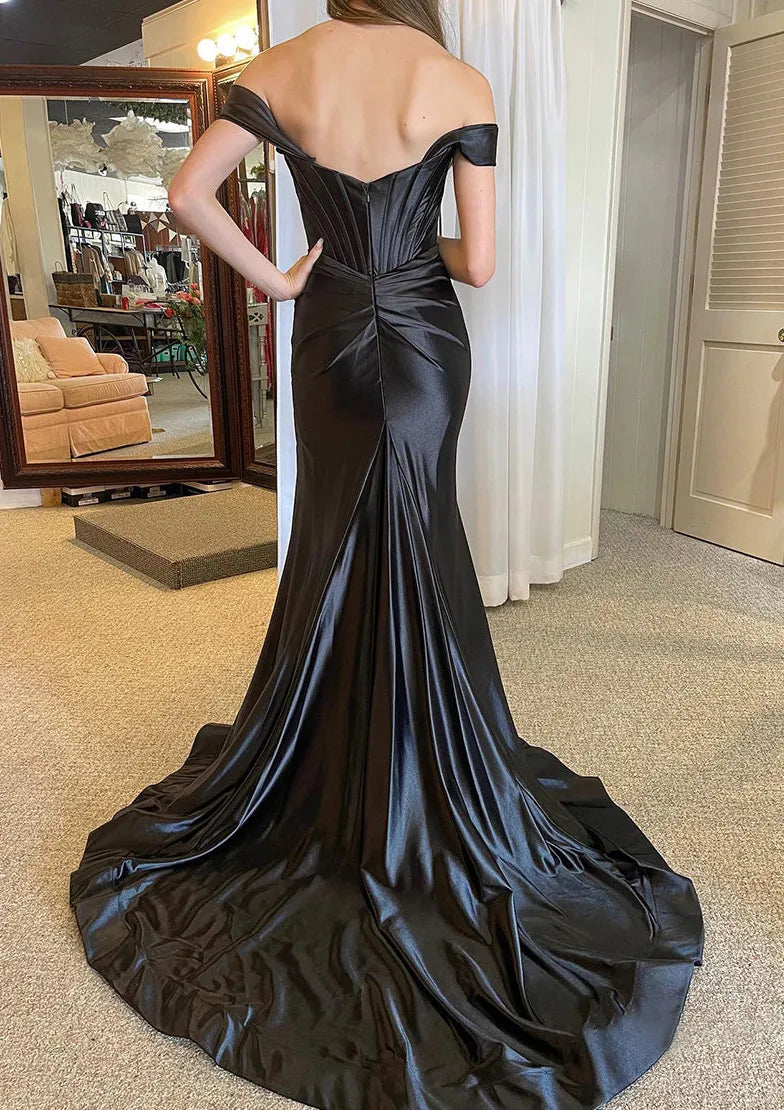 New Off-the-Shoulder Green Satin Evening Dress High Slit Corset Back