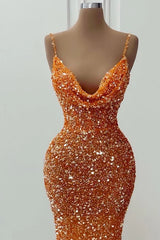 New Orange Evening Dress Sequin Mermaid Prom Dress Spaghetti Straps