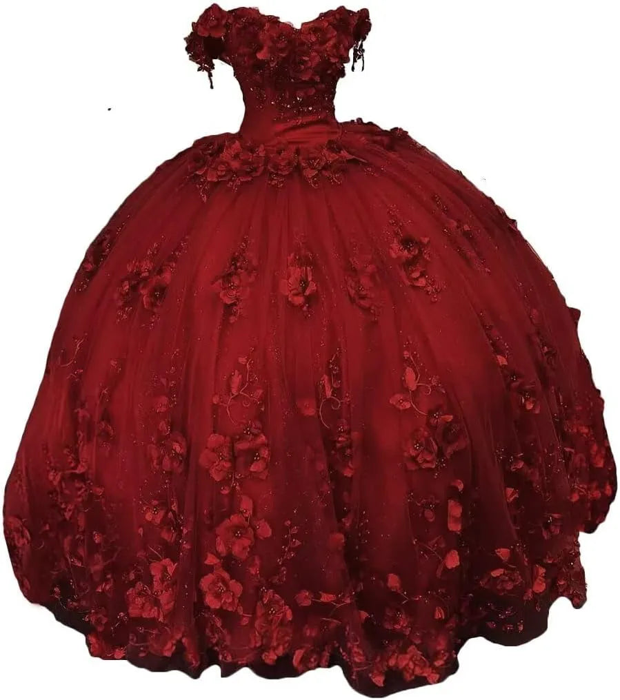 New Red Quinceanera 15 Dresses Beaded Off the Shoulder with 3D Flowers