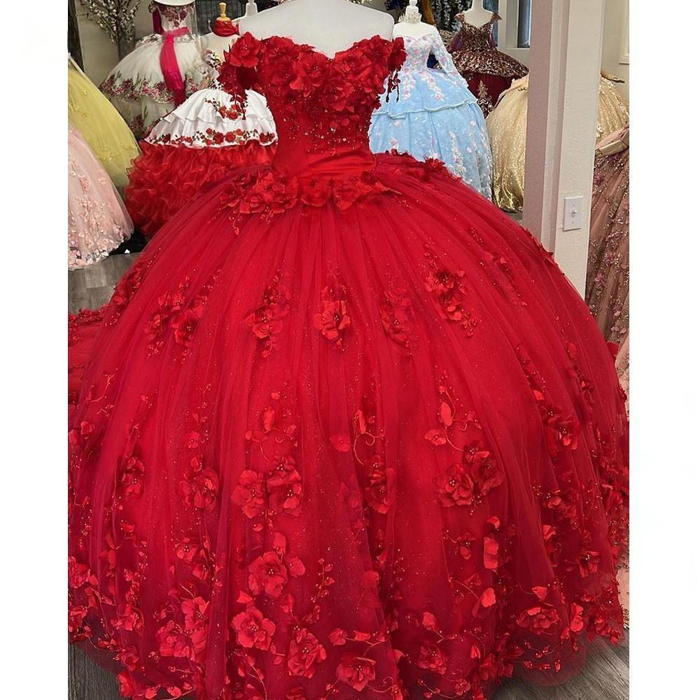 New Red Quinceanera 15 Dresses Beaded Off the Shoulder with 3D Flowers Mychicdress