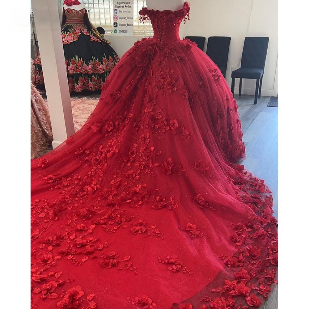 New Red Quinceanera 15 Dresses Beaded Off the Shoulder with 3D Flowers Mychicdress