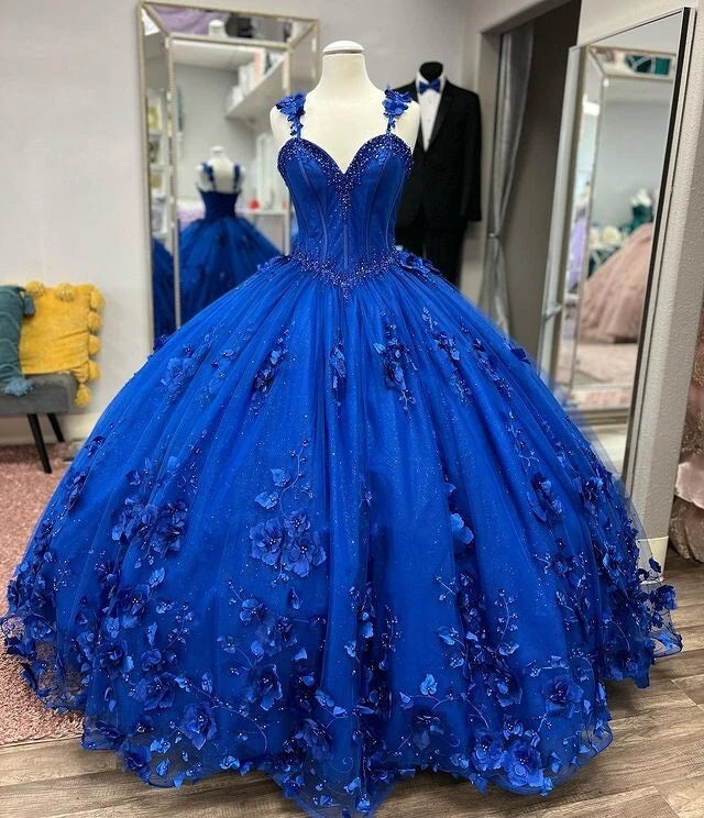 New Royal Blue Quinceanera Dress Beaded Spaghetti Straps with 3D Flowers